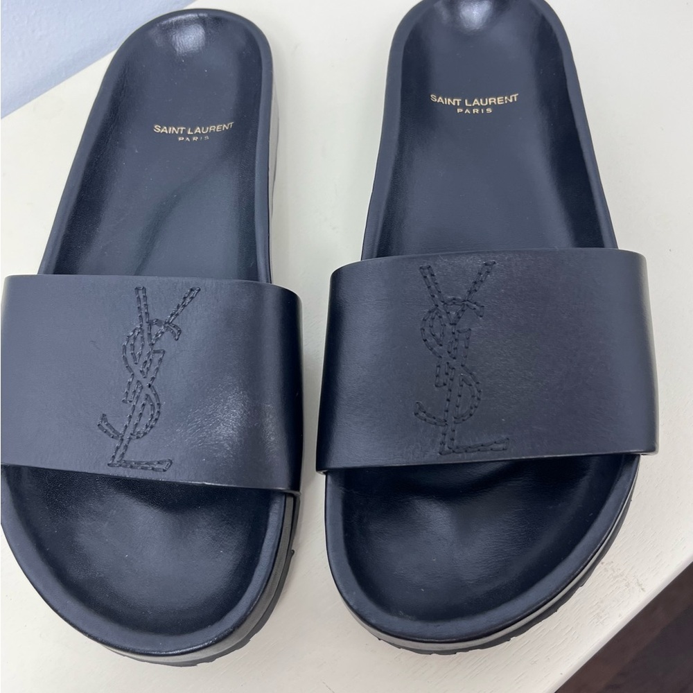 Saint Laurent Black Logo Slide Sandals - Embroided Logo